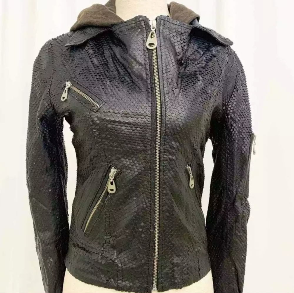 Doma Punched Scaled Textured Leather Jacket, Black